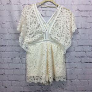 Luxxel Romper Women's Sz L Ivory Lace Sheer Top Lined Bottom Beachy Boho Festive